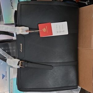 Lovevook Black Leather Multi-Compartment Laptop Tote w Accessories (15" laptop)